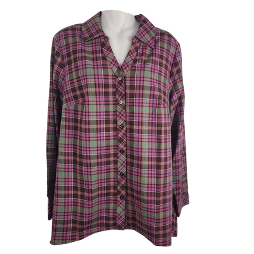 Denim & Co. Plaid Button Front Long Sleeve Trapeze Hem Top Small Pink A299205